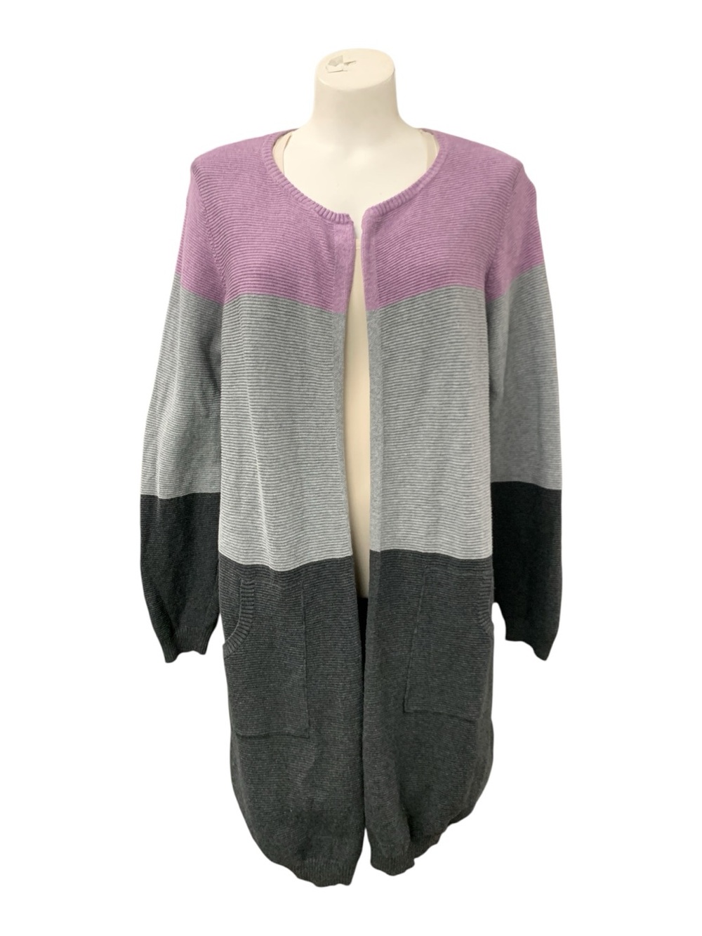 cleo Colorblock Open Front Cardigan in Purple, Light Gray & Dark Gray